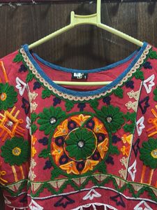 Embroidered Tomato Red Kurta Set with Blue Pants