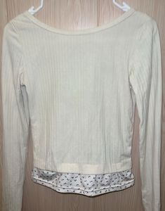 Cream Ribbed Knit Floral Trim Top