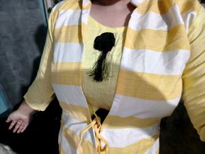 Yellow & White Striped Layered kurti/Shrug Set