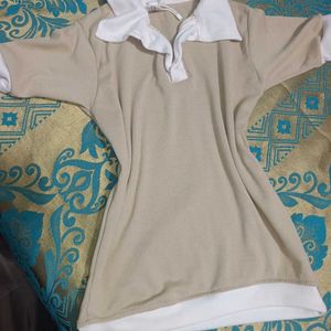 Chic Beige &amp; White Polo Top