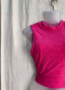 Vibrant Pink Ribbed Mock Neck Crop Top