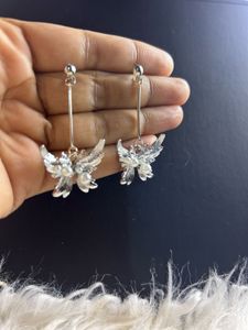 Elegant Silver Butterfly Pearl Dangle Earrings