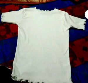 White Ribbed Ruffle Trim Tee