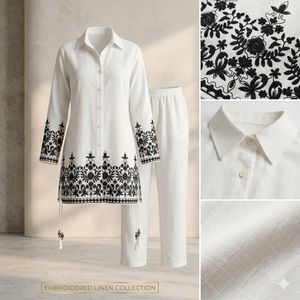 Embroidered Linen Kurta &amp; Pants Set
