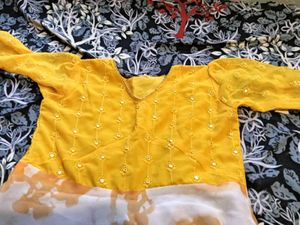 Yellow Embroidered Blouse with Floral Skirt