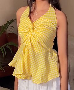 Yellow Gingham Twist Halter Top