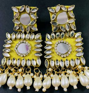 Fancy Party Wear Fabric Earrings Colour Yellow