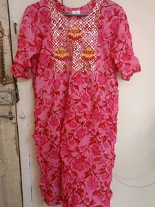 Vibrant Pink Floral Kurta with Embellished Necklin