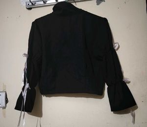 Chic Black Bell Sleeve Top with Ribbon Tie