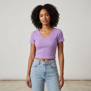 Purple V-Neck Ribbed Crop Top