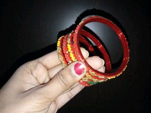 set of 2 Beautiful Red Bangles  and sky Bangle