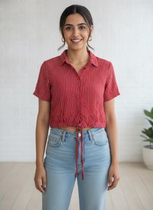Red Striped Cropped Button-Up Shirt