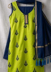 Vibrant Kurta Set with Navy Blue Dupatta