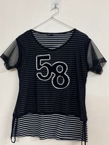 Black Sheer Striped Top with '58' Detail