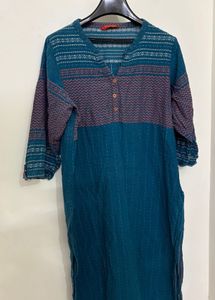 Teal Printed V-Neck Kurta