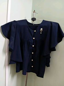 New Elegant Navy Blue Flutter Sleeve Top