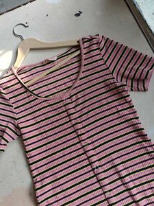 Striped Ribbed Button-Up  midi Dress