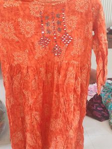 Orange Printed Kurta with Mirror Work
