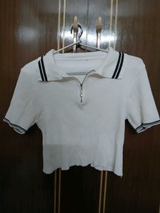 White Ribbed Zip-Up Polo Crop Top