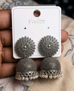 Oxidized Silver Jhumka Earrings with Pearls