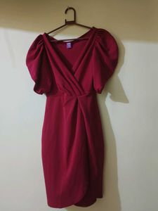 Chic Red Puff Sleeve Wrap Dress