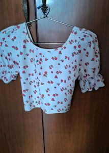 White Floral Puff Sleeve Crop Top