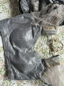 Silver Embellished Party Wear Net &amp; Georget Saree