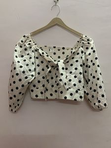 White With Black Polka Dot Tie-Front Top