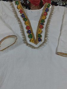 Elegant White Kurta with Colorful Neckline