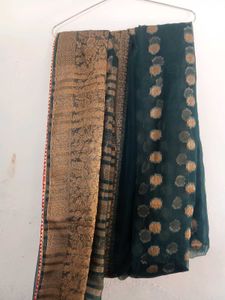 Elegant Dark Teal Saree with Golden Motifs,