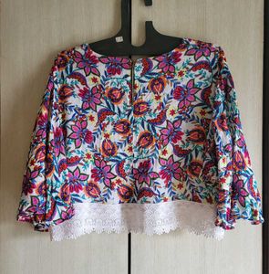 Floral Bell sleeve top with Lace trim