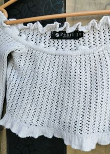 White Off-Shoulder Cropped Knit Top