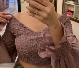 Smocked Off-Shoulder Bell Sleeve Crop Top