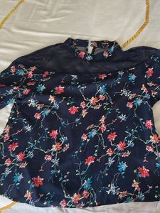 Floral Print Mesh Neck Top