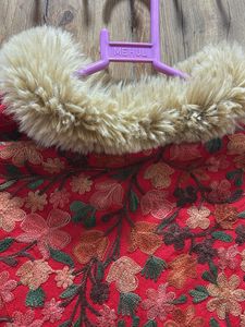 Red Embroidered Poncho with Fur Trim