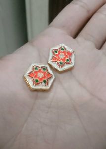 Floral Enamel Stud Earrings - Gold Tone