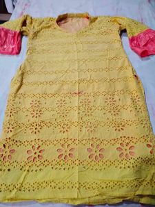 Yellow Chikankari Kurta with Pink Sleeves