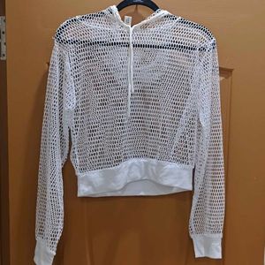Y2K White Fishnet Mesh Cropped Hoodie | XL