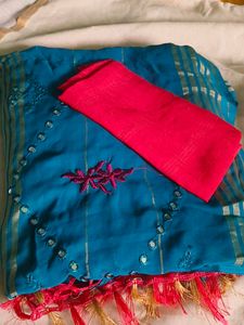 Beautiful Teal Saree with Pink Border