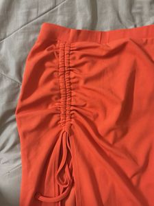 Orange Ruched Slit Midi Skirt