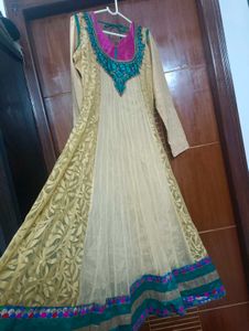 Elegant Embroidered biege golden Anarkali Kurta