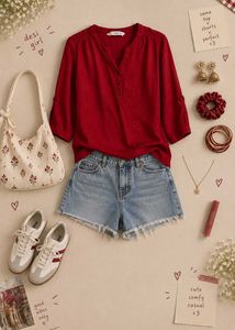 Red V-Neck Button-Up Blouse
