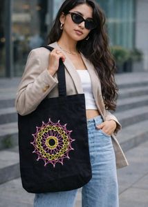 Stylish Black Tote Bag with Vibrant Embroidery