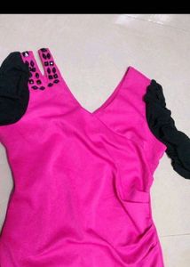Vibrant Pink Dress with Black Embellished Sleeves