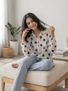 white shirt black Polka Dot Button-Up