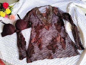 Sheer Lace Ruffle V-Neck top with bra