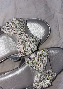 Sparkling Bow Embellished Silver Sandals
