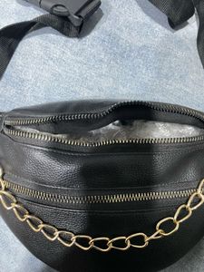 Black Faux Leather Fanny Pack with Gold Chain