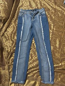 Unique Frayed Patchwork Denim Jeans