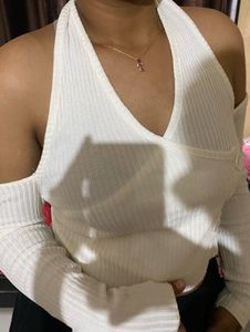White Halter Neck Cold Shoulder Top